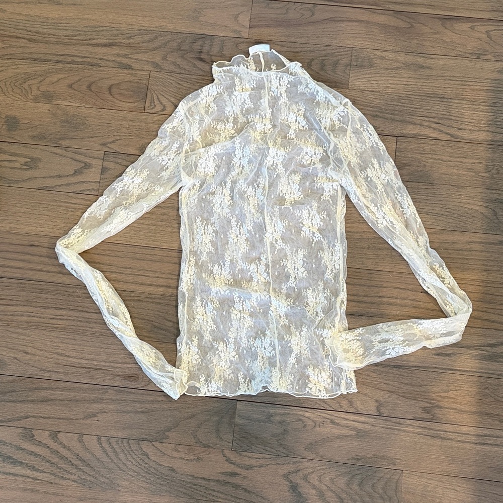 Free People White Sheer Lace Long-Sleeve Mock Neck Top